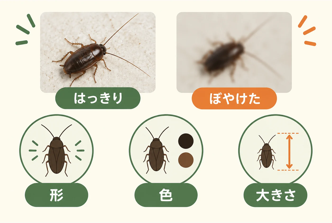 鮮明な写真とぼけた写真、形・色・大きさの観察項目