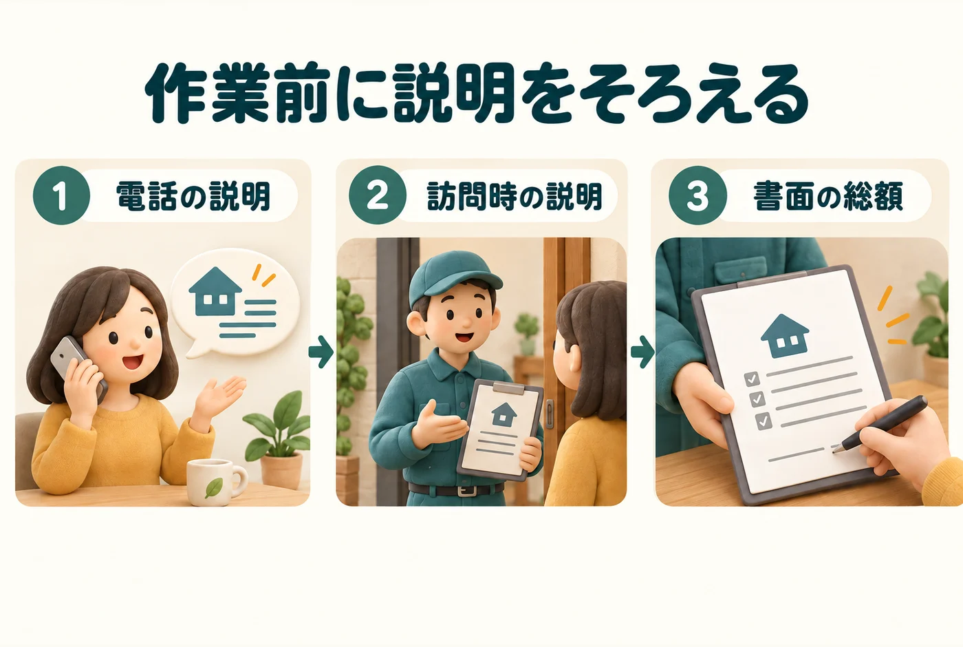 電話、訪問時の説明、作業前の見積書を順に照合する図