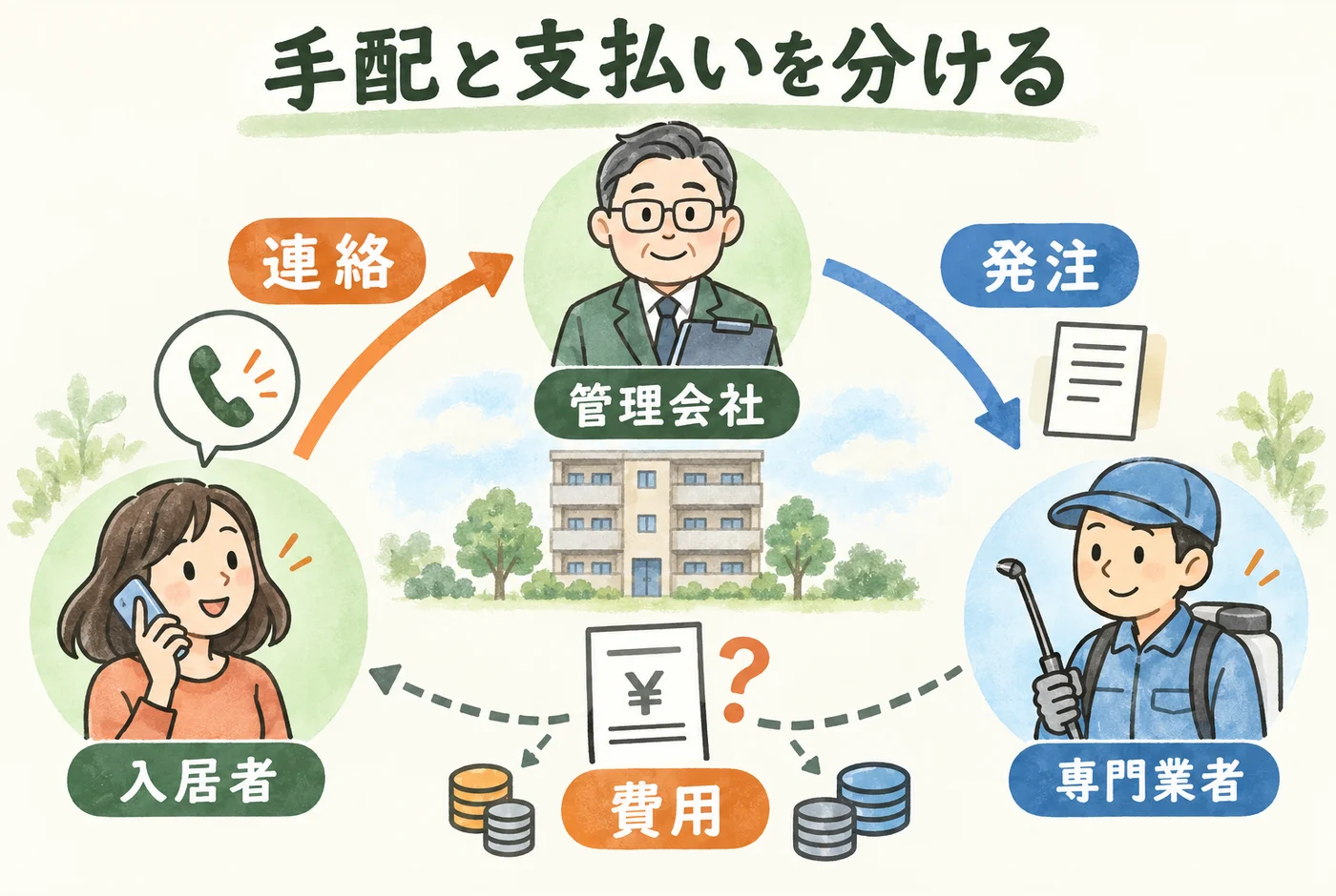 手配と負担は別に確認を説明する図解