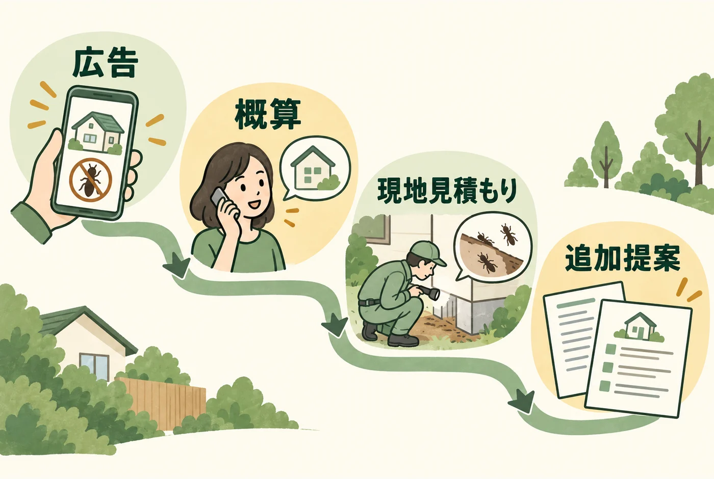 広告、概算、現地見積もり、追加提案を区別する図