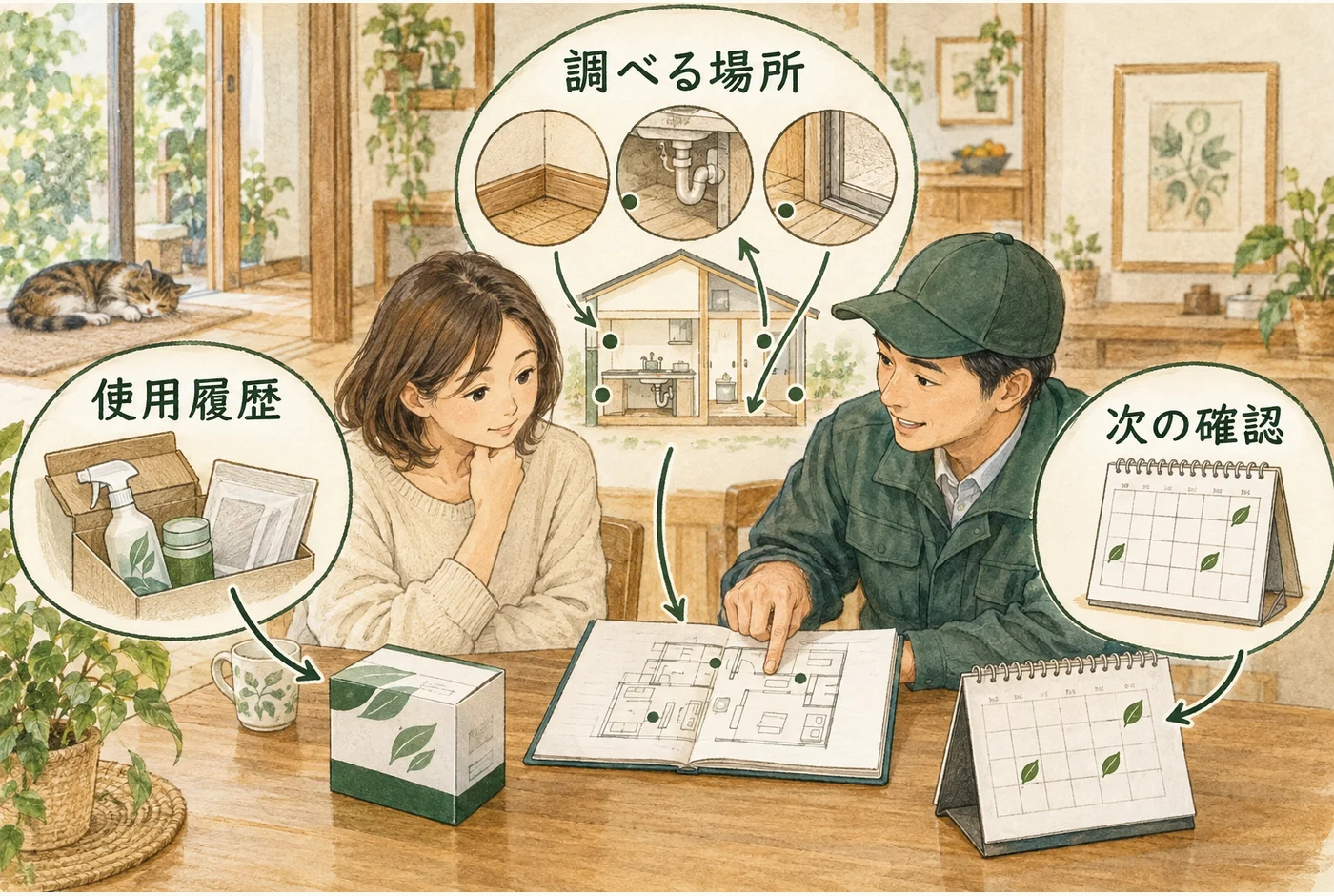 使用履歴と発見場所を業者に示し、次の調査を決める図