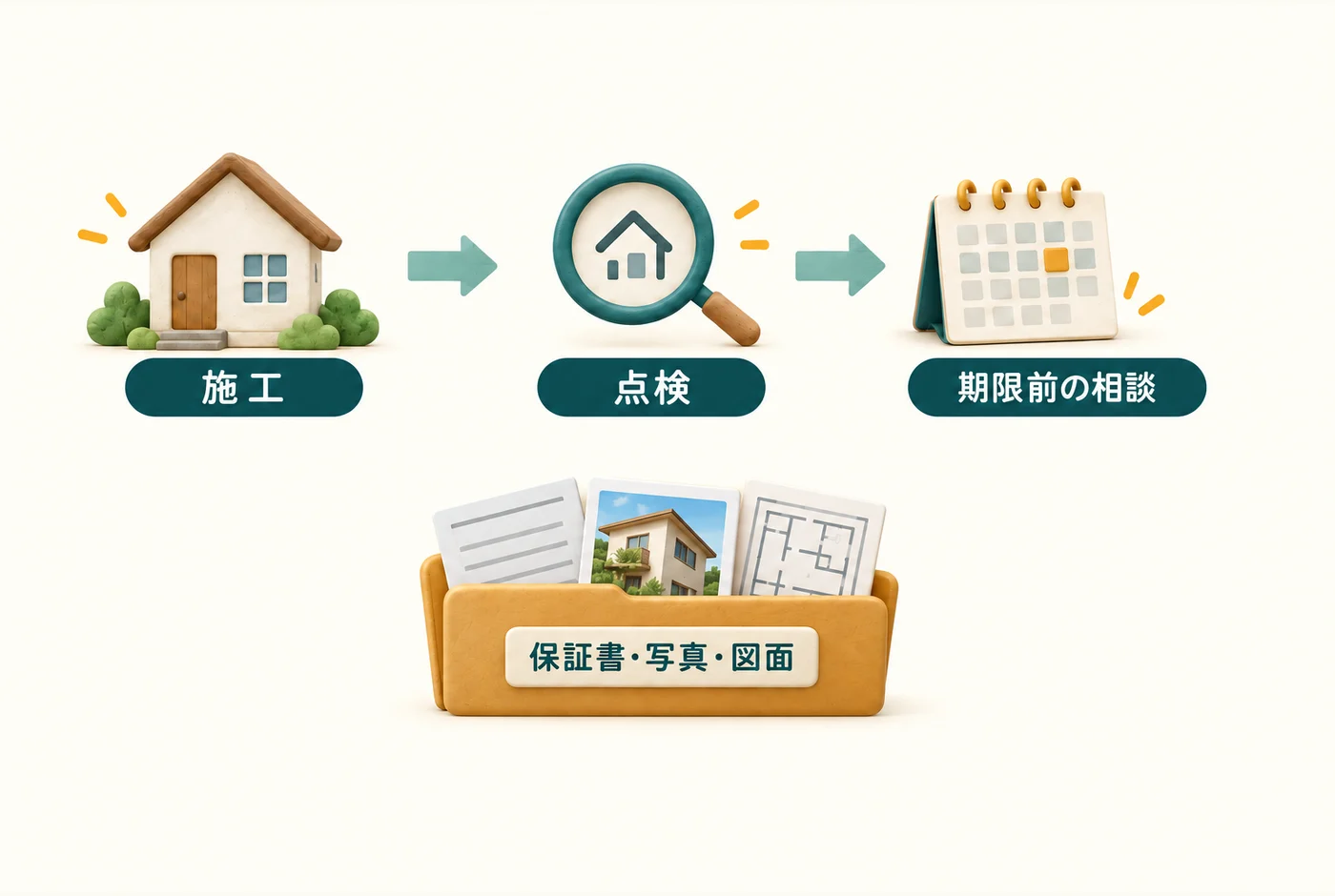 施工から点検、保証期限前の相談へ進む流れと保存書類の図