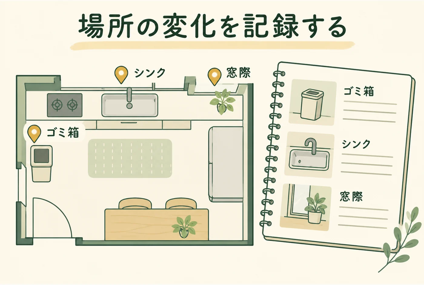 場所の変化を記録するを説明する図解