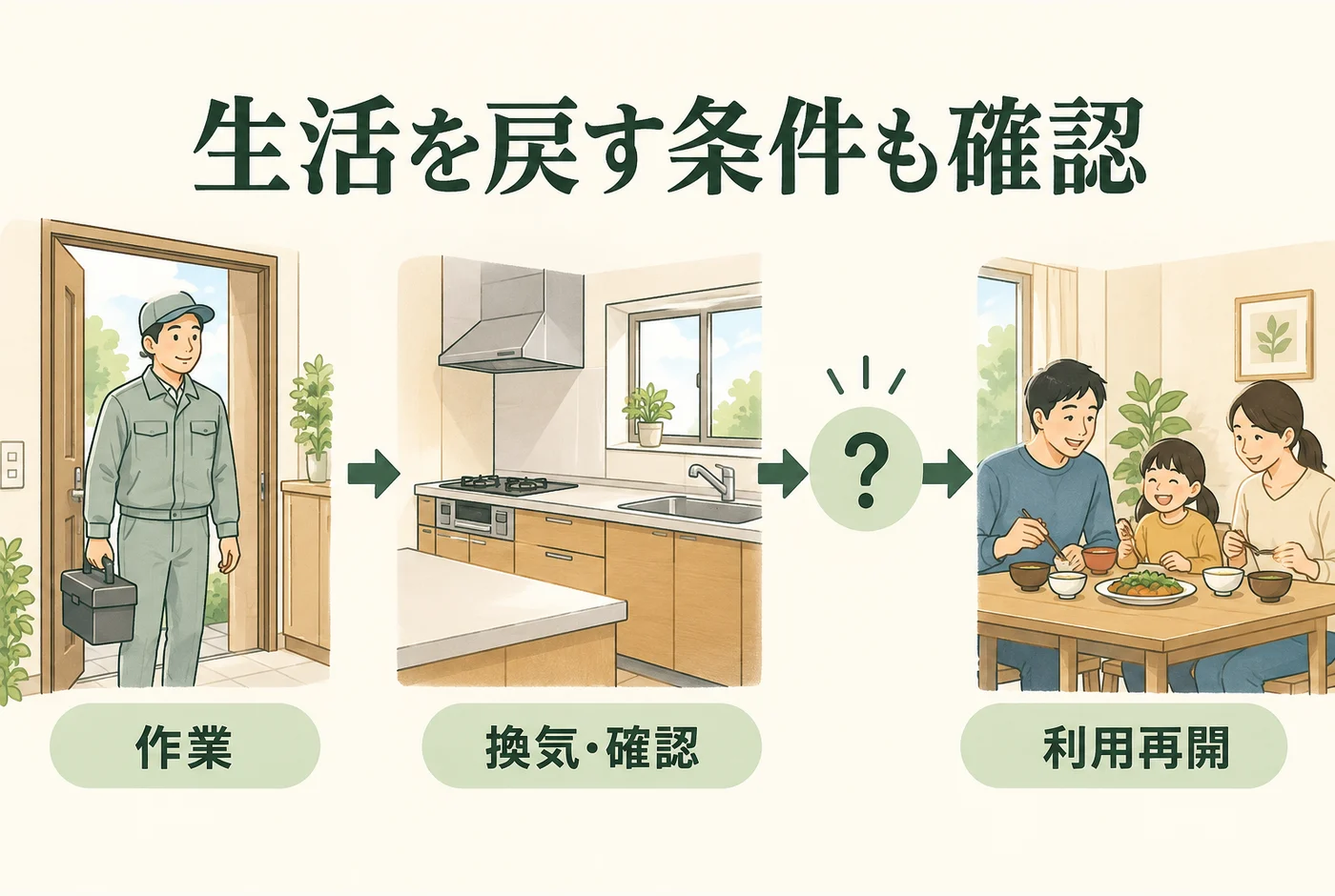 作業時間と台所の利用再開を別に確認する