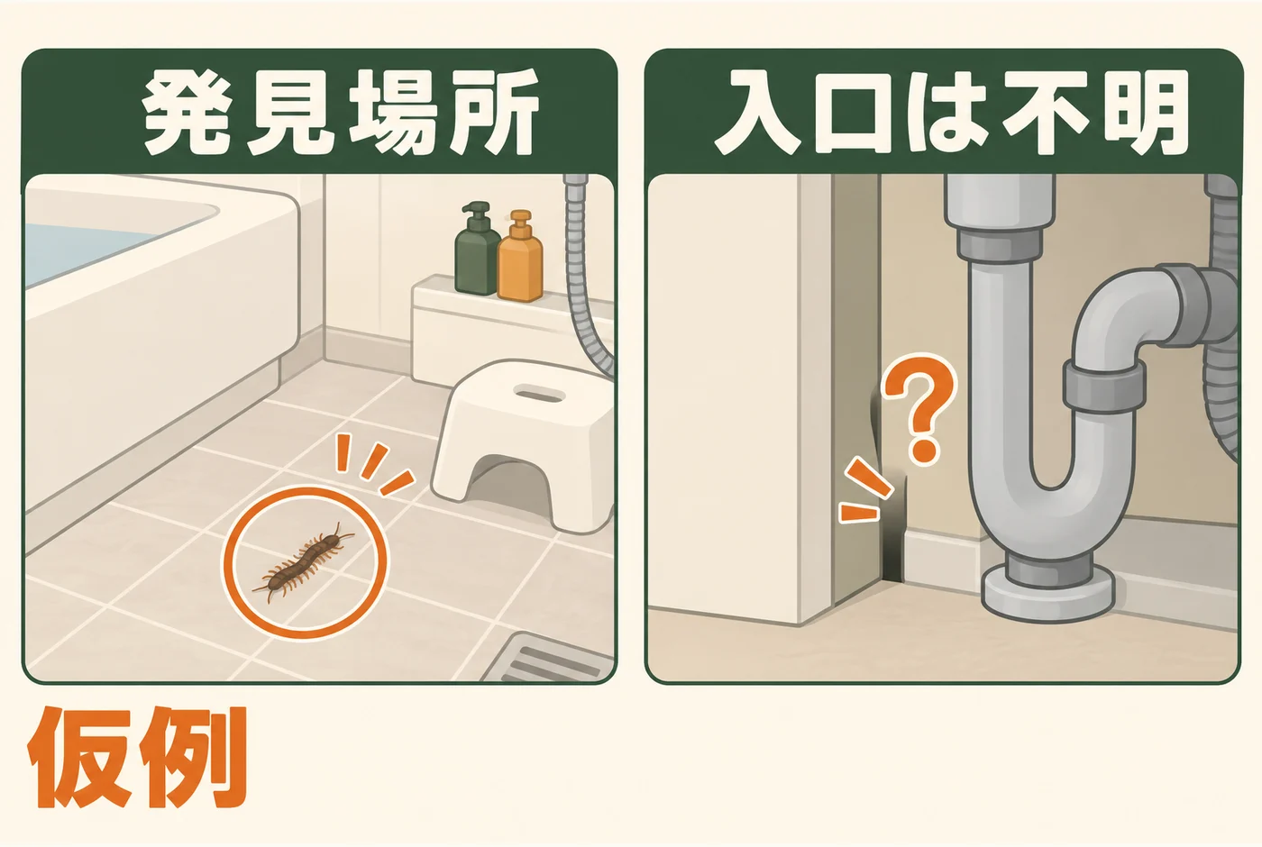 浴室での発見と配管の侵入候補を区別した仮例