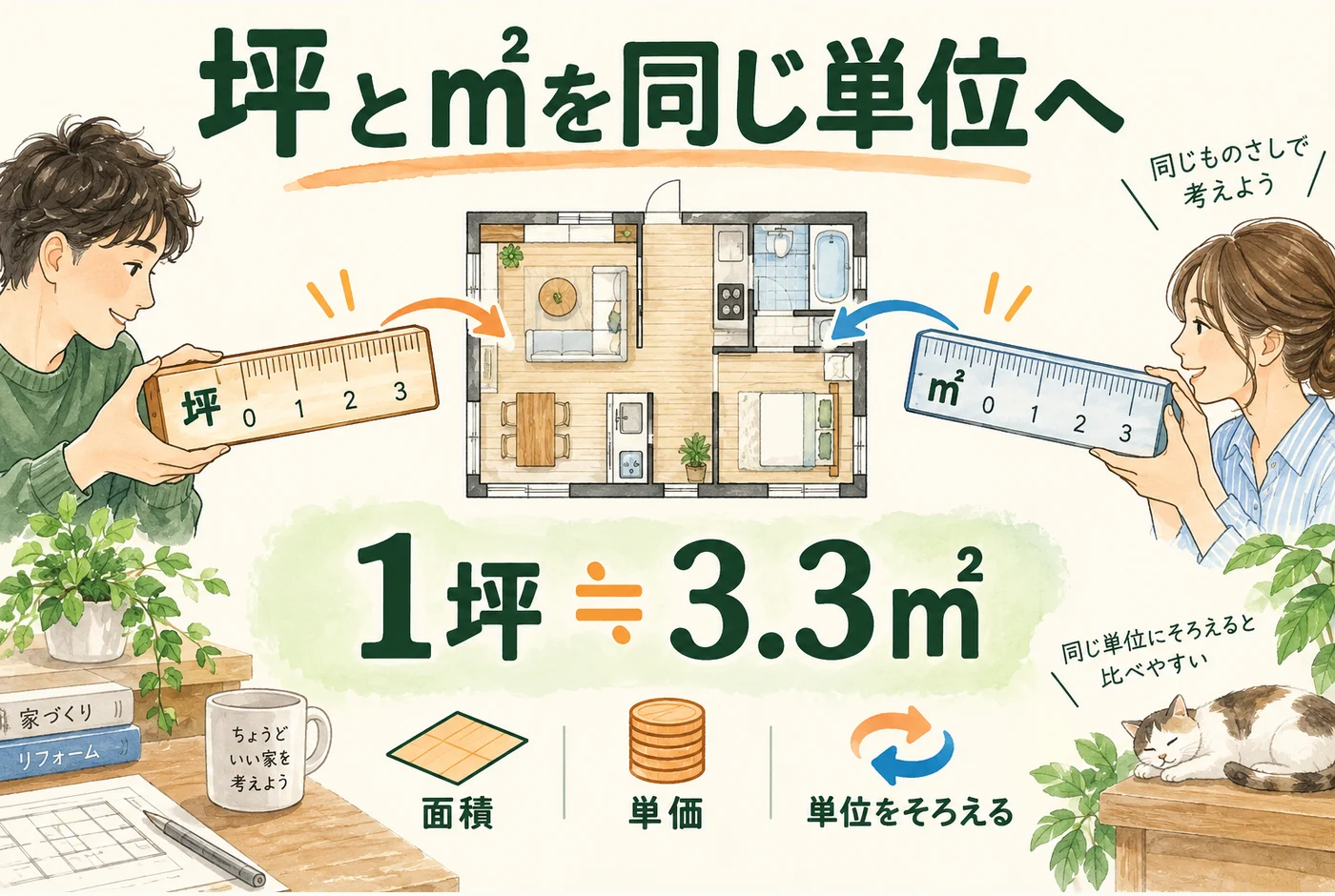 同じ床面積を坪と平方メートルで表し、単位をそろえる図