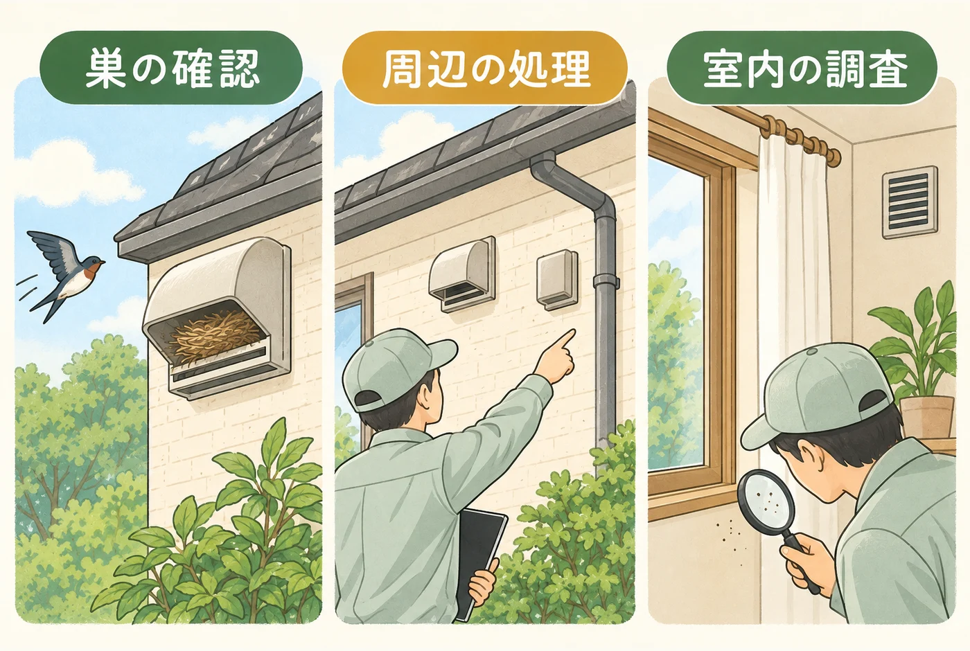 巣、周辺、室内の対処を三つの仕事に分ける図