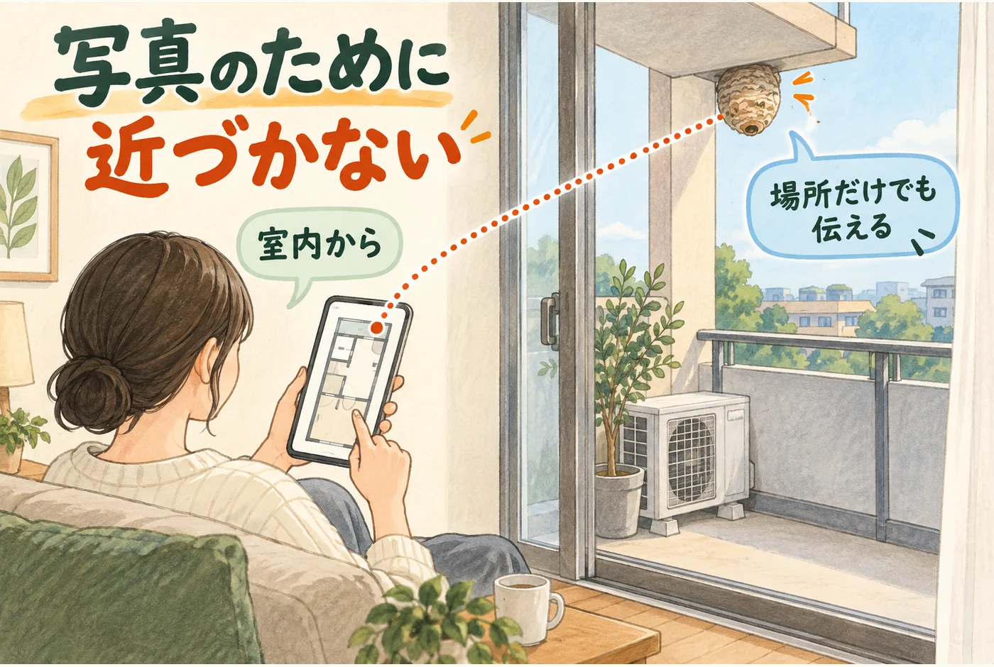 巣へ近づかず場所を伝えるを説明する図解