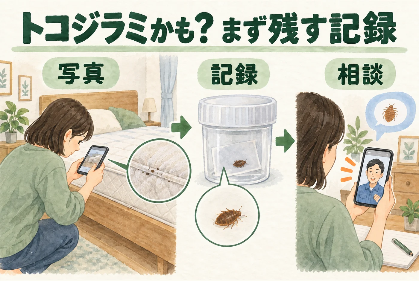 寝具の寝具の写真と虫の記録を残し、種類の確認を相談する流れ