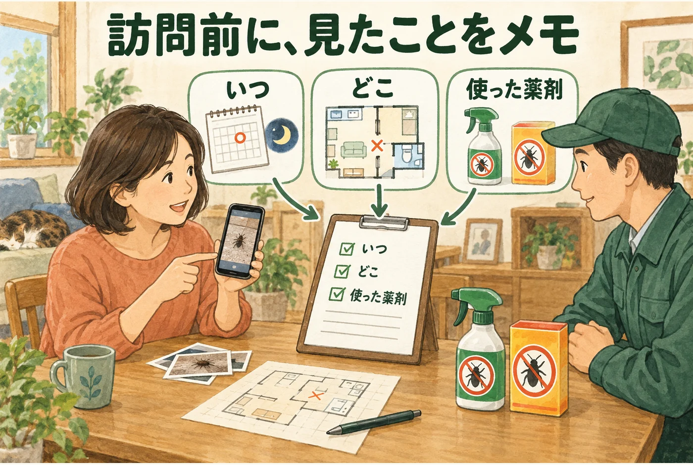 発見日時、場所、使用済みの薬剤を記録して業者へ伝える図