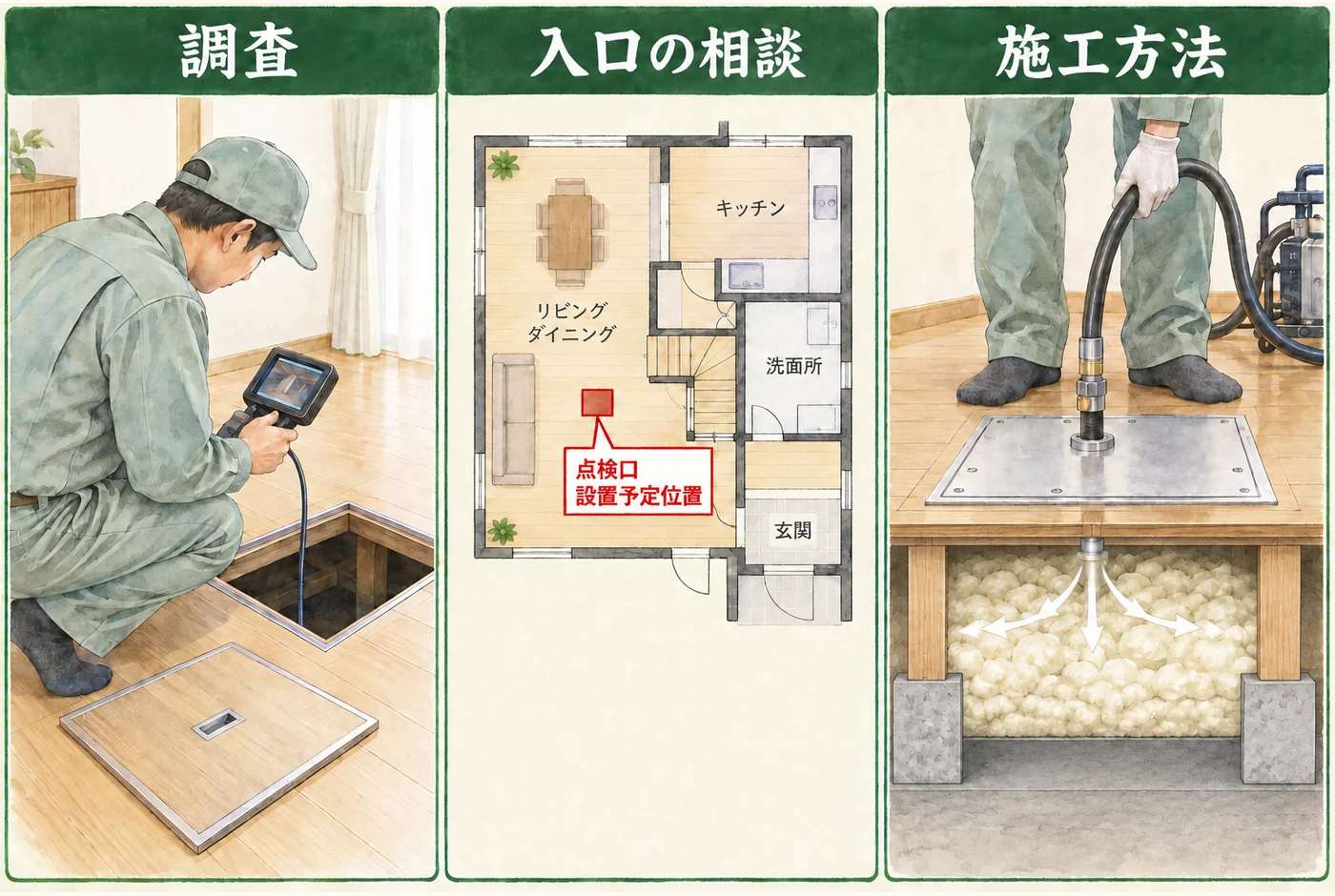 カメラによる調査、入口の相談、専門業者の泡施工を分けた図
