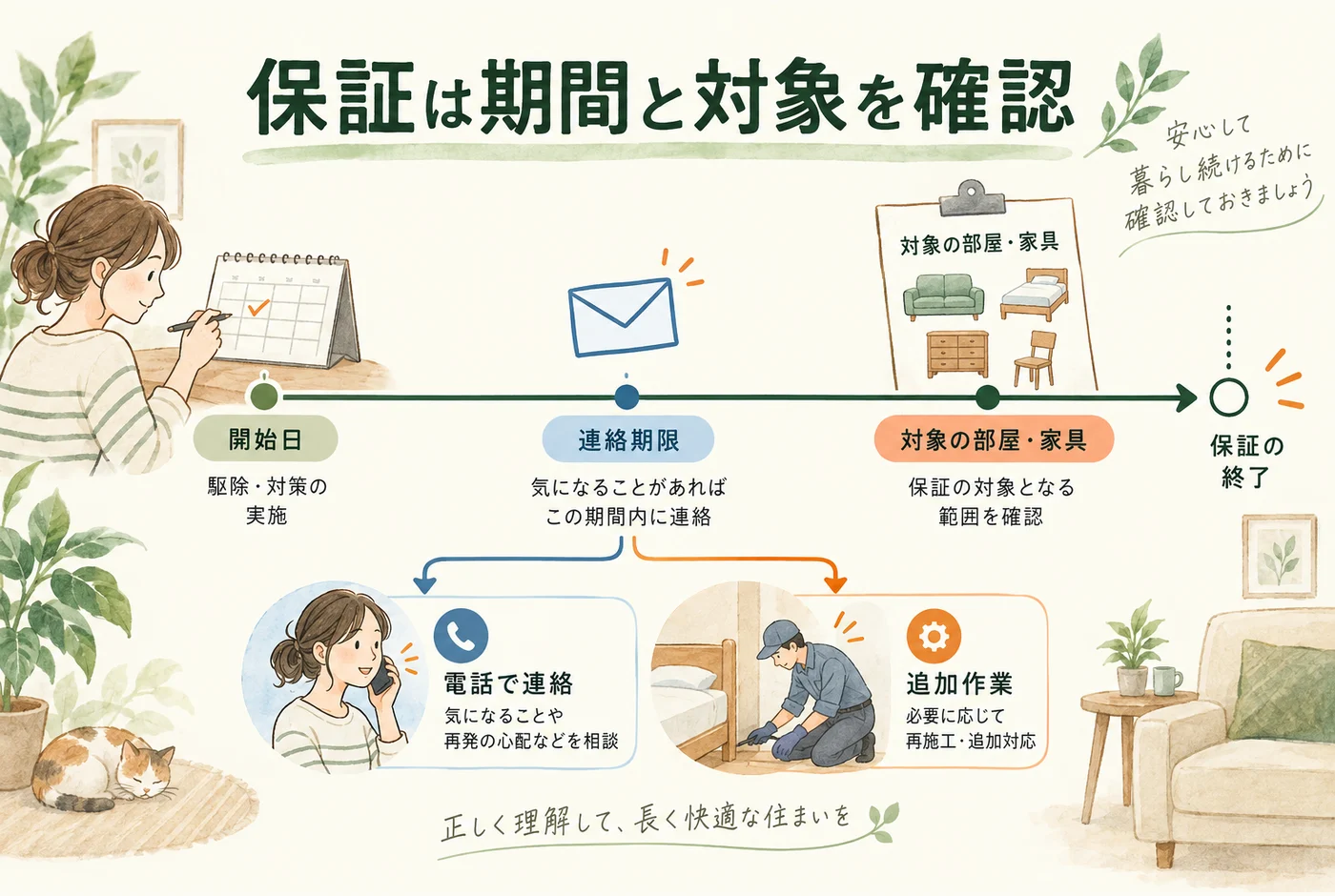 施工日からの保証期間と連絡期限、対象の部屋と家具を確認する図