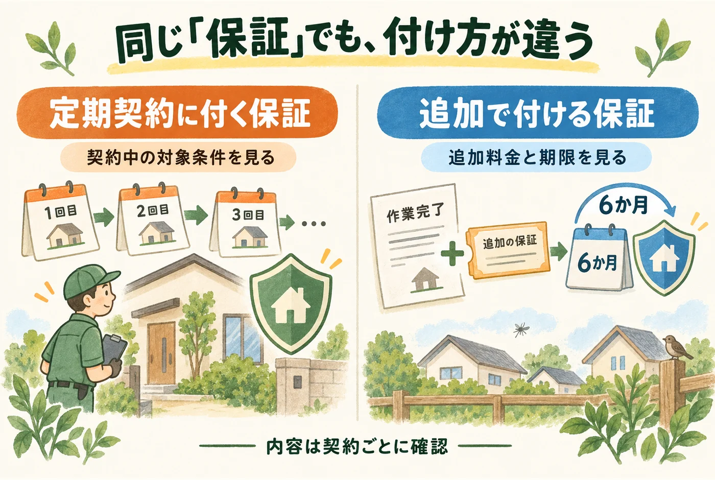 定期契約に付く再作業の保証と、追加料金で付ける6か月保証を分けて見る模式図