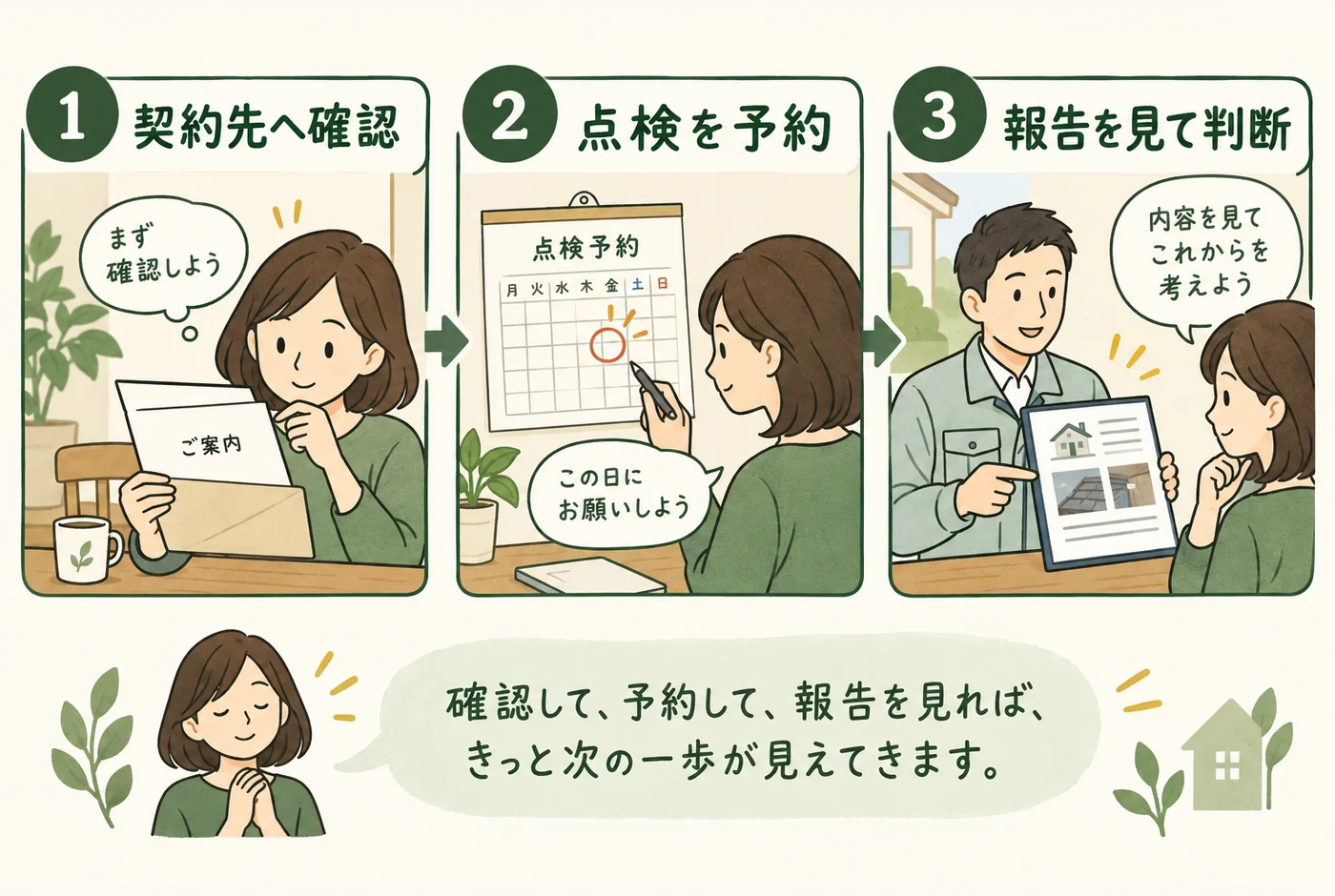 契約先の点検予定と再施工の判断を分ける図