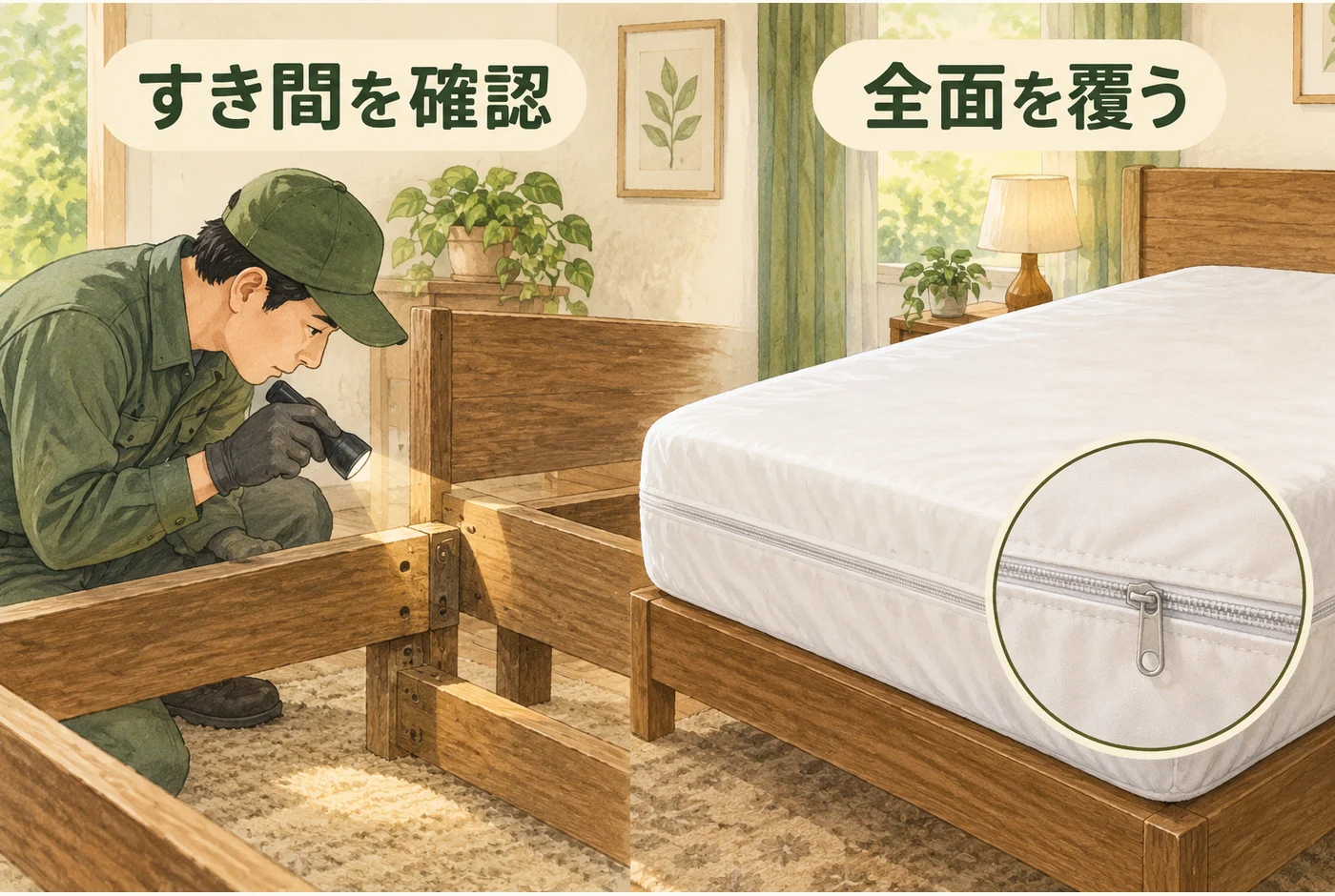 ベッド枠のすき間の点検と、全面を覆う専用カバーを示す図