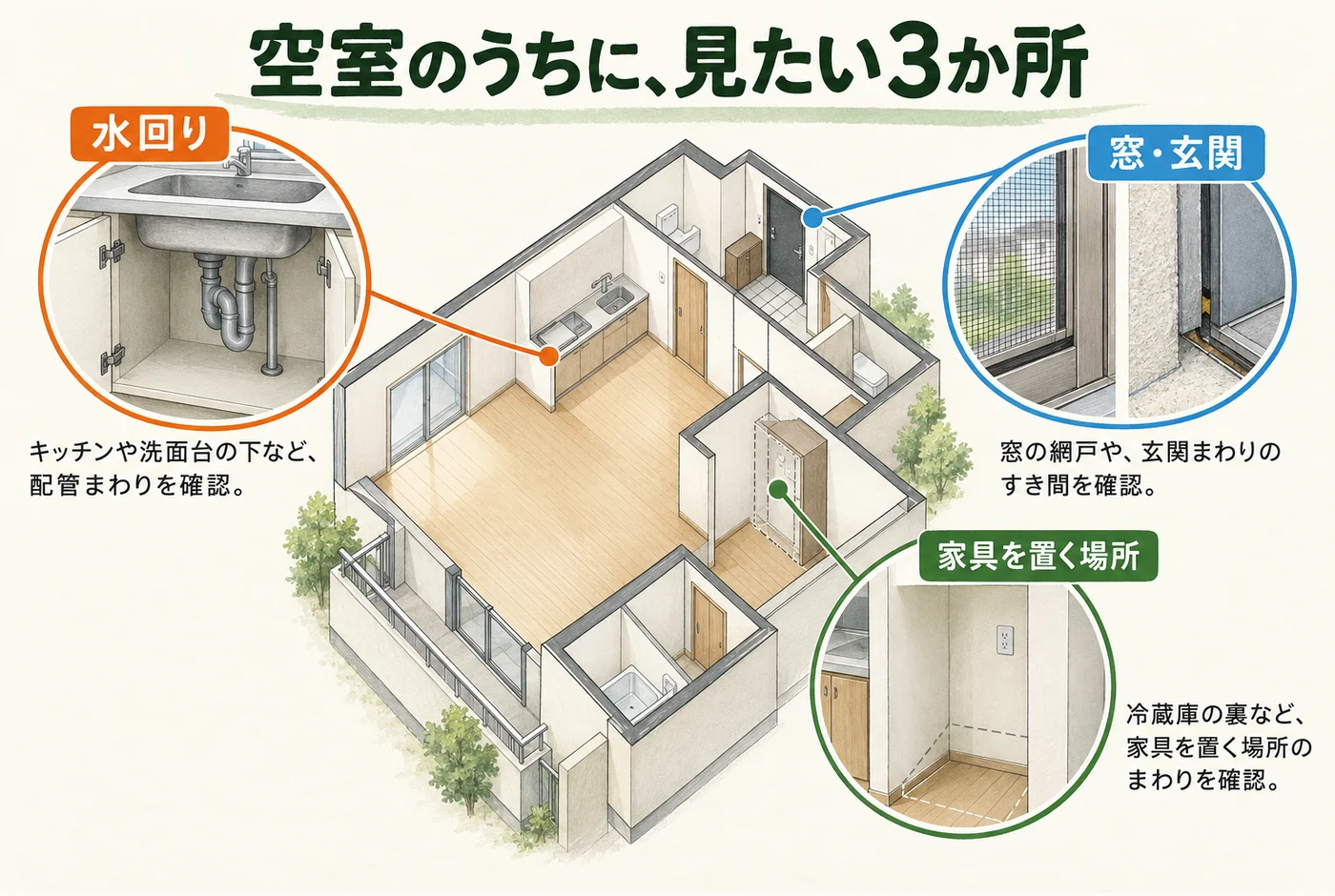 流し台の配管周り、窓と玄関、家具を置く予定の場所を確認する図