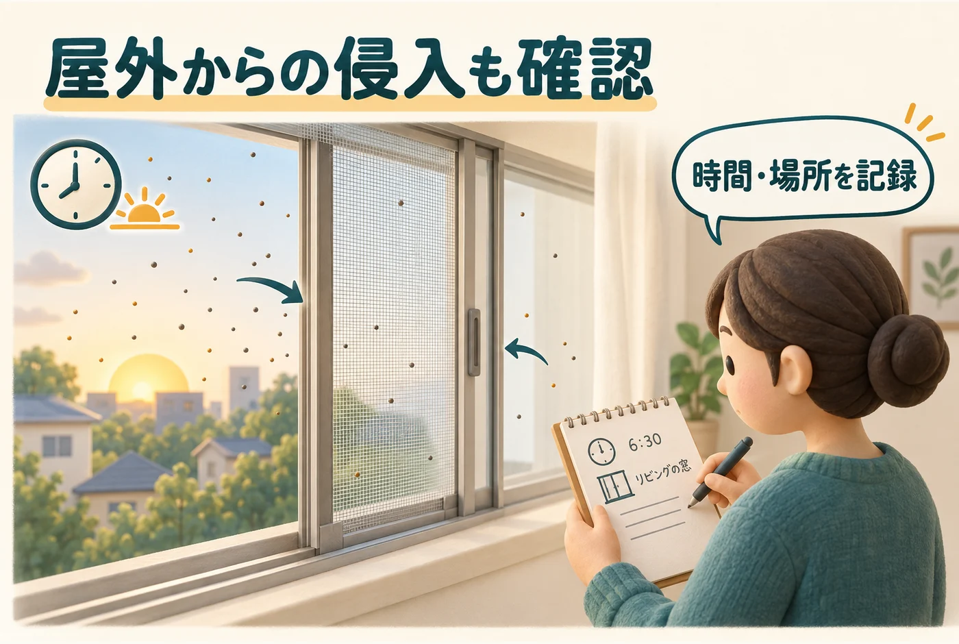 窓の外から入る小型のハエと、時間・場所を記録する図