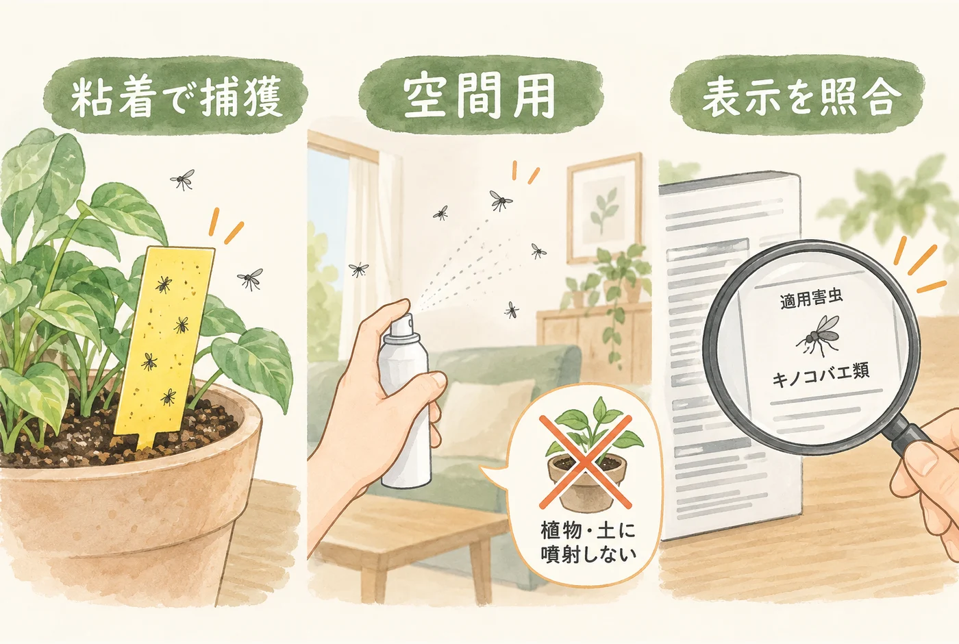 粘着捕獲器、空間用スプレー、植物用製品の適用表示を区別する図