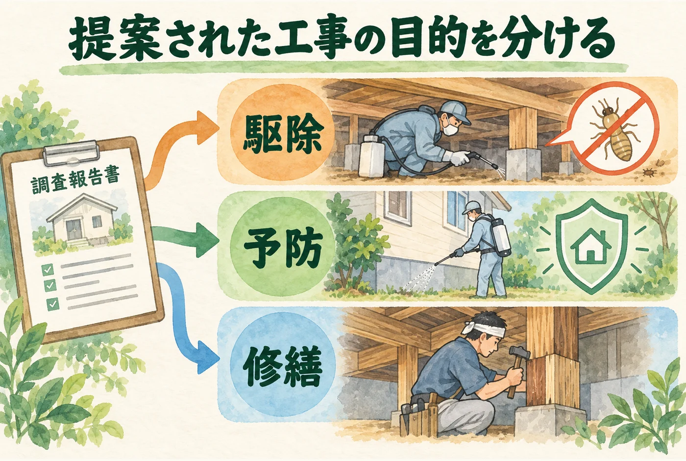 調査結果から駆除、予防、修繕へ分かれる図