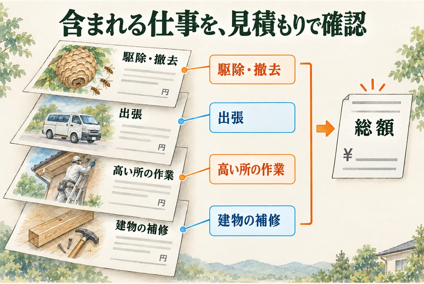 駆除と巣の撤去、作業場所への対応、撤去後の仕事を分けた料金の構成