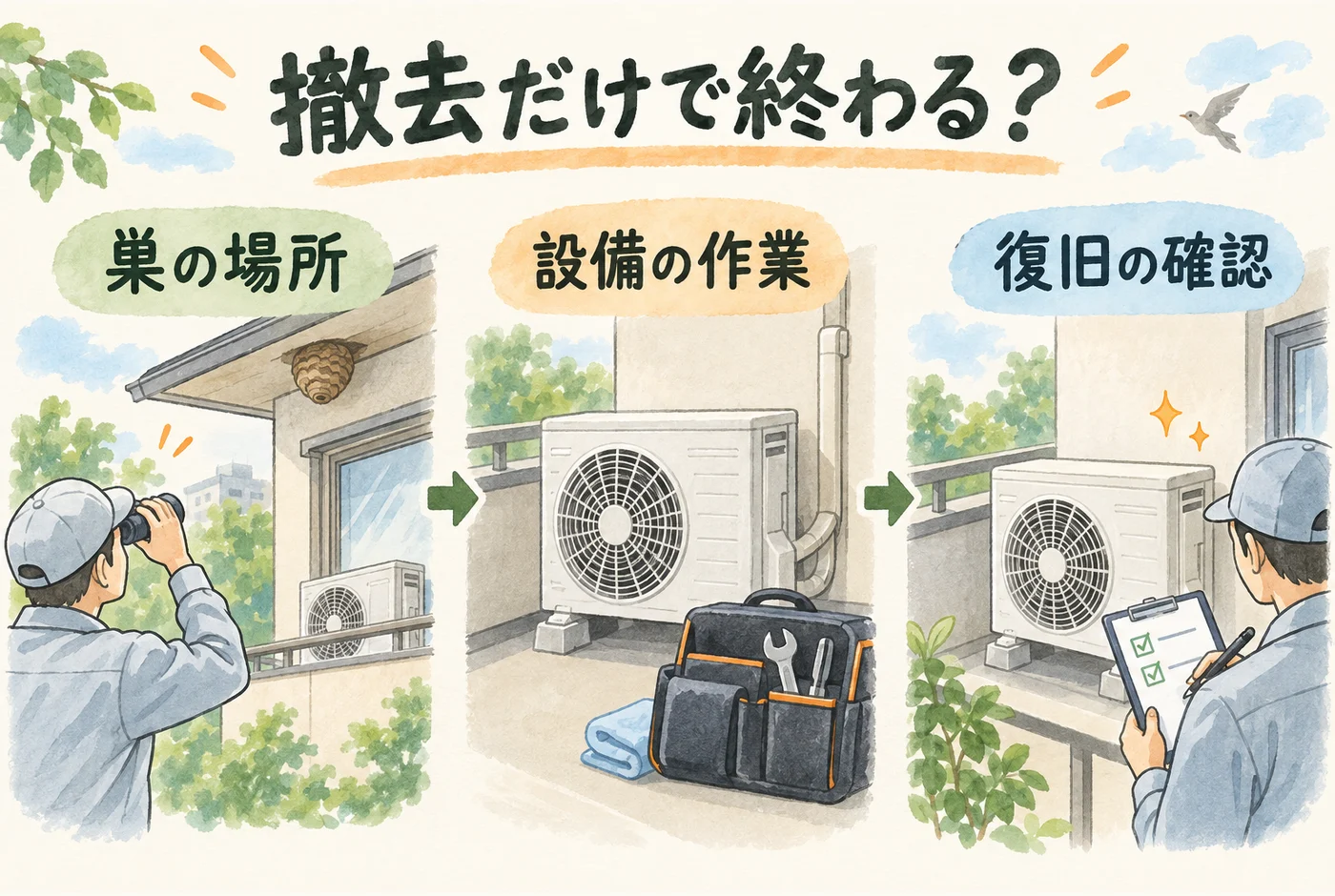 蜂撤去と設備の復旧を説明する図解