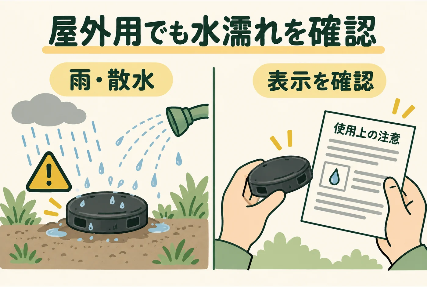 屋外用でも水濡れを確認を説明する図解