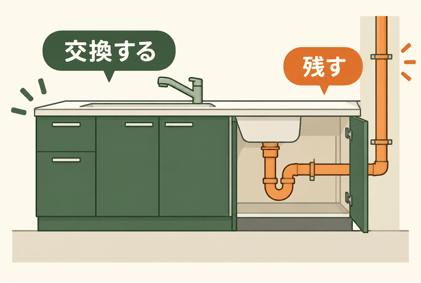 交換する設備と残る配管を区別したキッチン断面