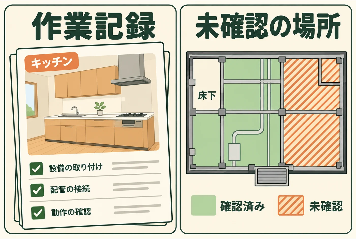 作業記録と、床下の確認済み・未確認範囲を分ける