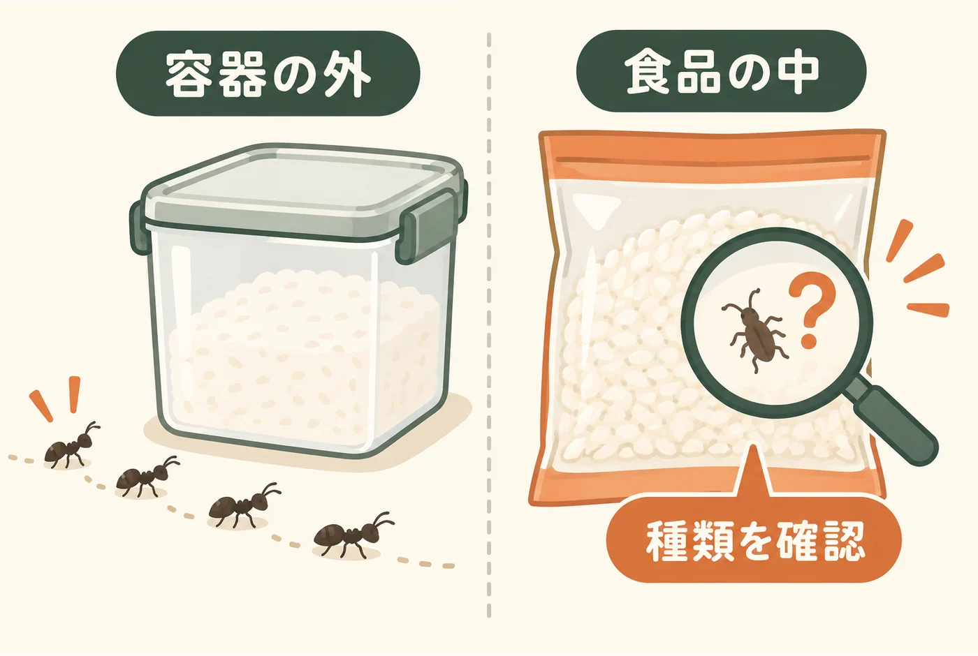 容器の外のアリと食品内部の未確認の虫を分ける