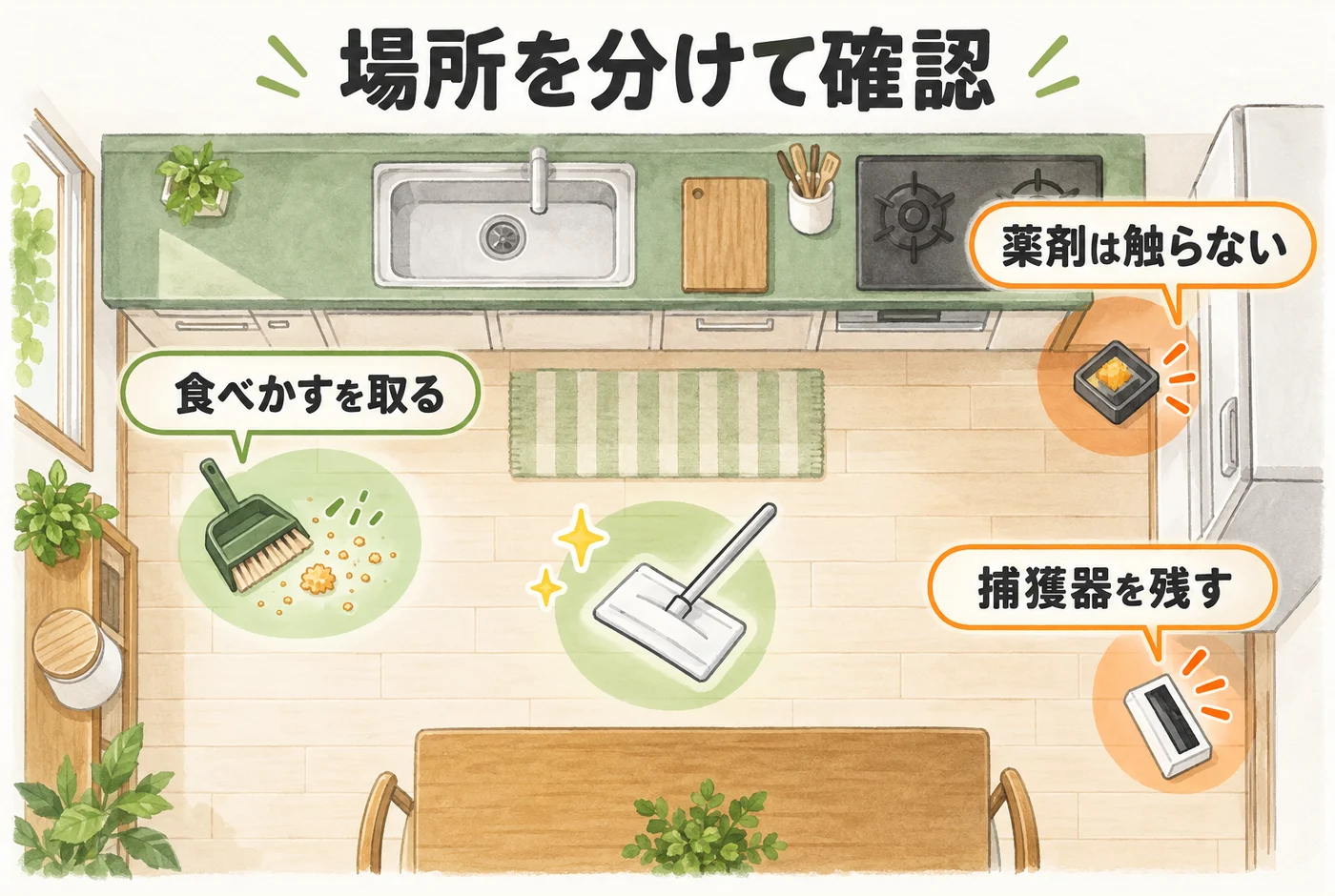 台所の食べかすを取る場所と、薬剤や捕獲器を動かさず残す場所
