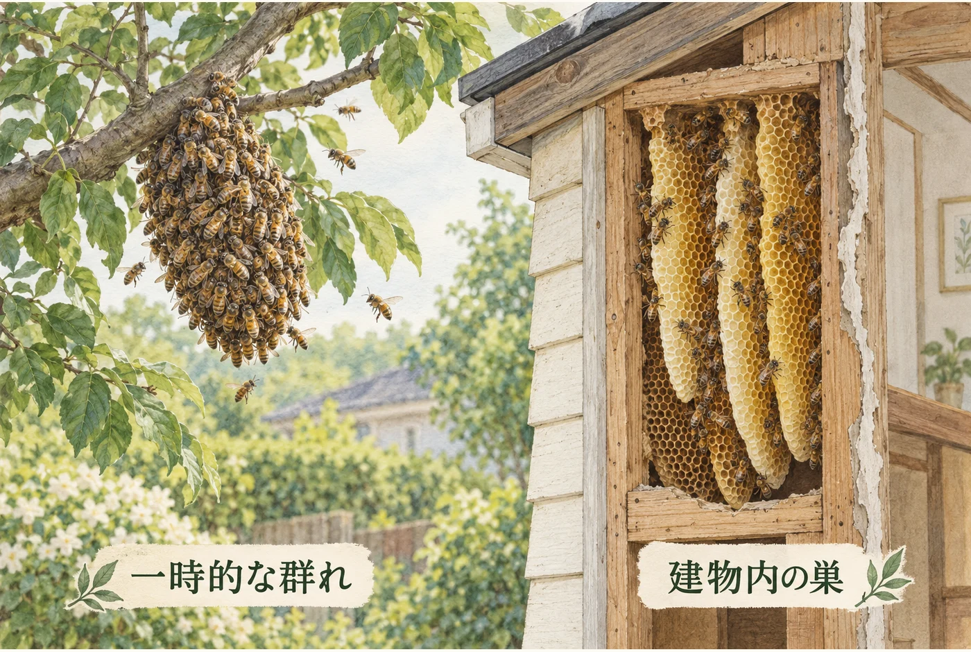 枝に一時的に集まるミツバチと、建物内に作られた巣板の違い
