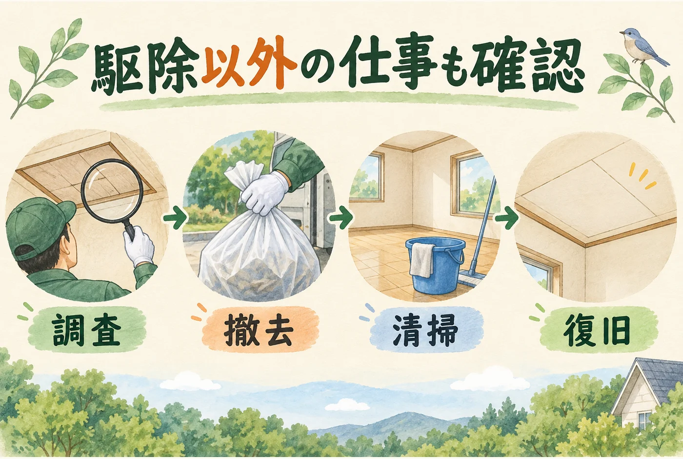 発生源調査から撤去清掃復旧への流れ