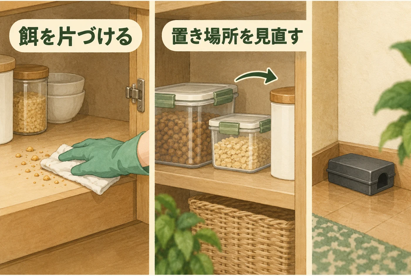 食品カスを拭き、食品を密閉し、毒餌の位置を確認する図