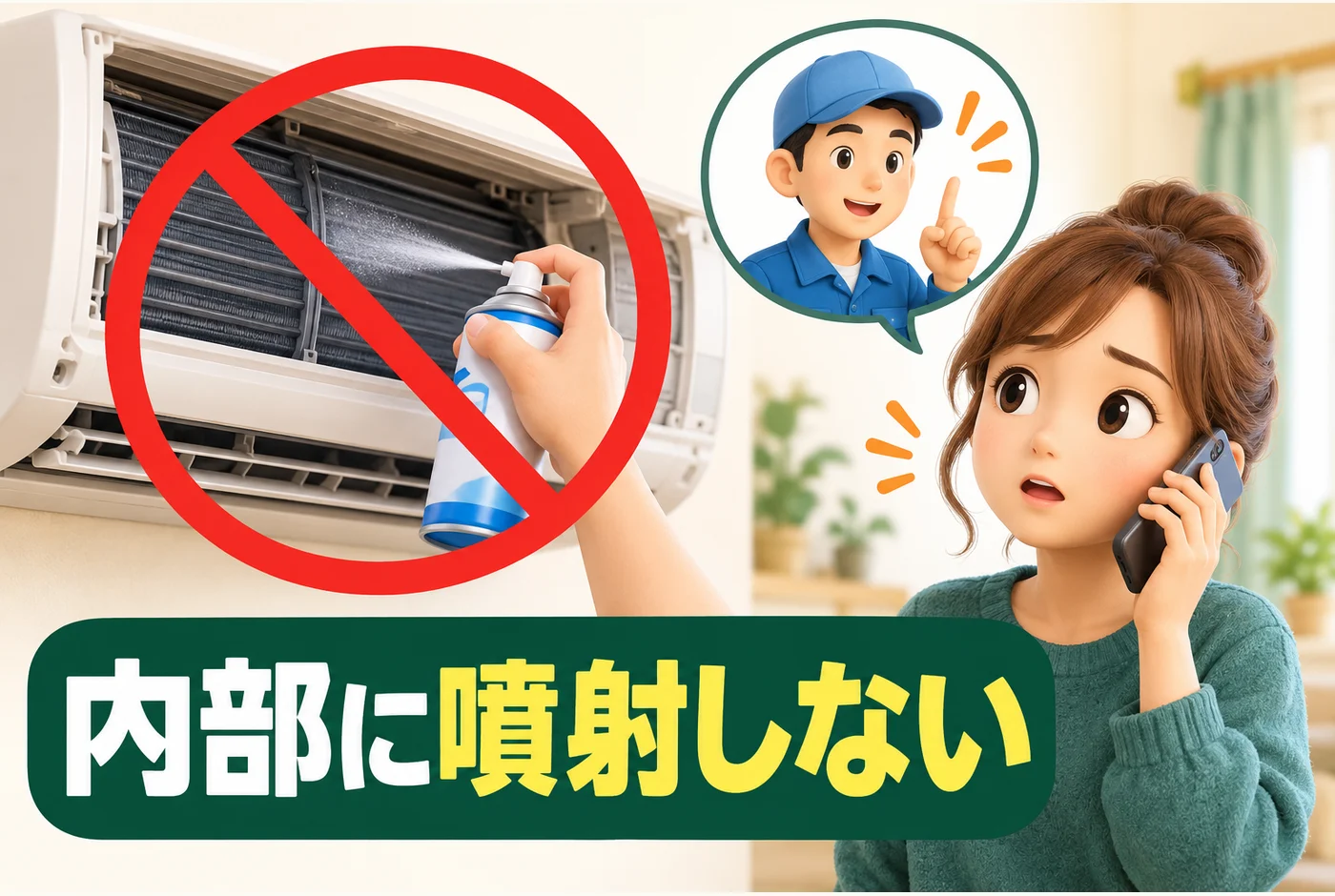 エアコン内部にスプレーせず、発見位置を記録する図