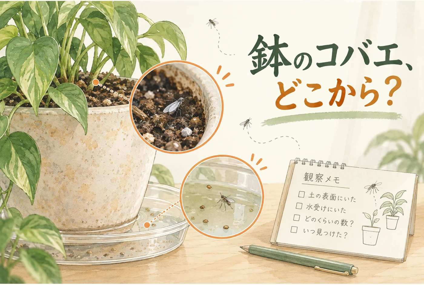 観葉植物の土、受け皿、周囲の小さな虫の発生源を観察するイメージ