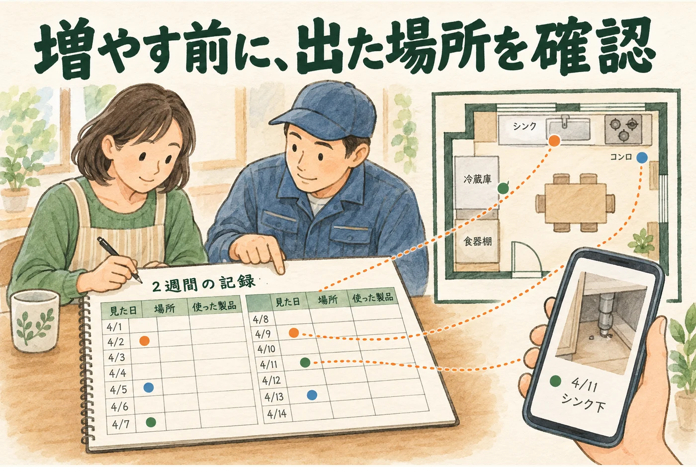 見た日、場所、使った製品の記録を相談に使う図