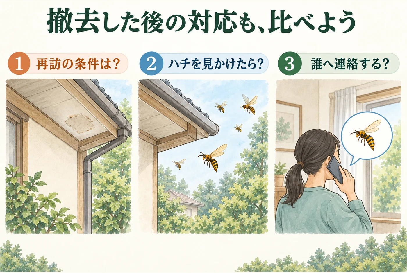 巣の撤去、残ったハチへの対応、連絡方法と再訪の条件をつなぐ図