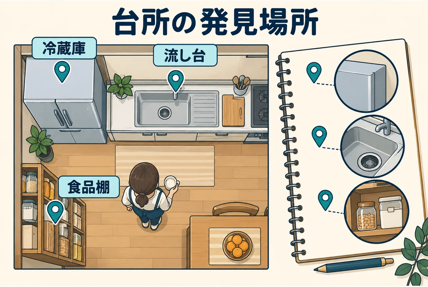 台所の発見場所を図に残す