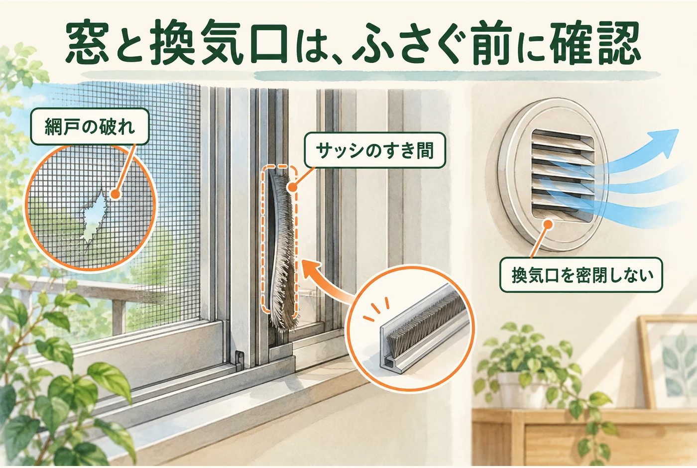 網戸の破れとサッシのすき間、空気を通す換気口の違いを図解
