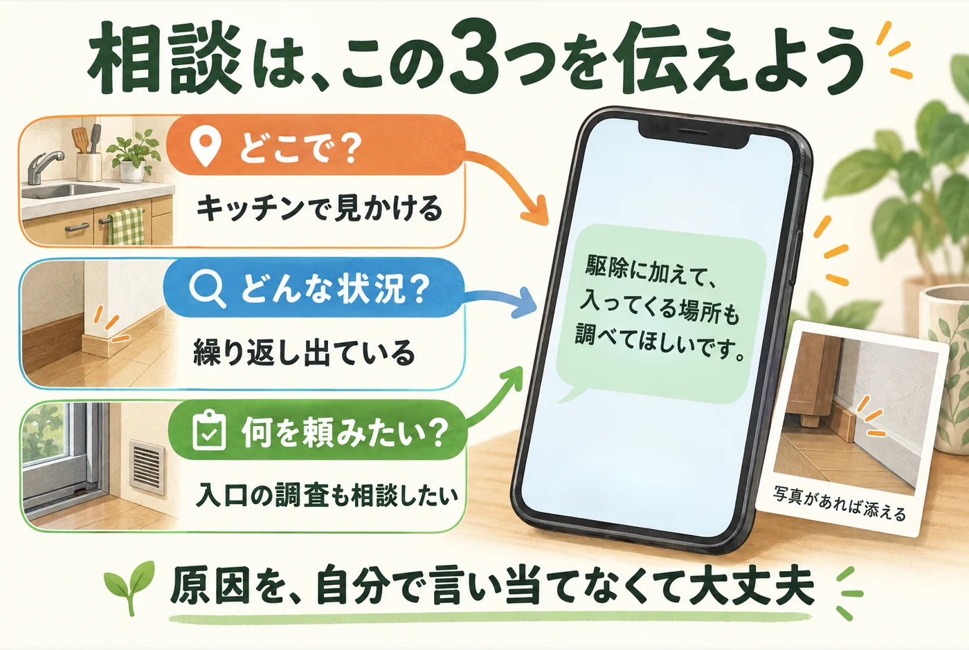 業者へ伝える相談文を、どこで出るか、いつから繰り返しているか、調査やすき間対策の希望に分けた図