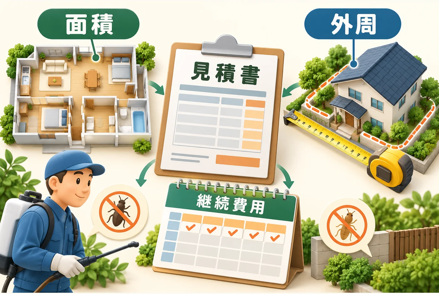 面積と外周長を区別し、初回と継続費を合計する図