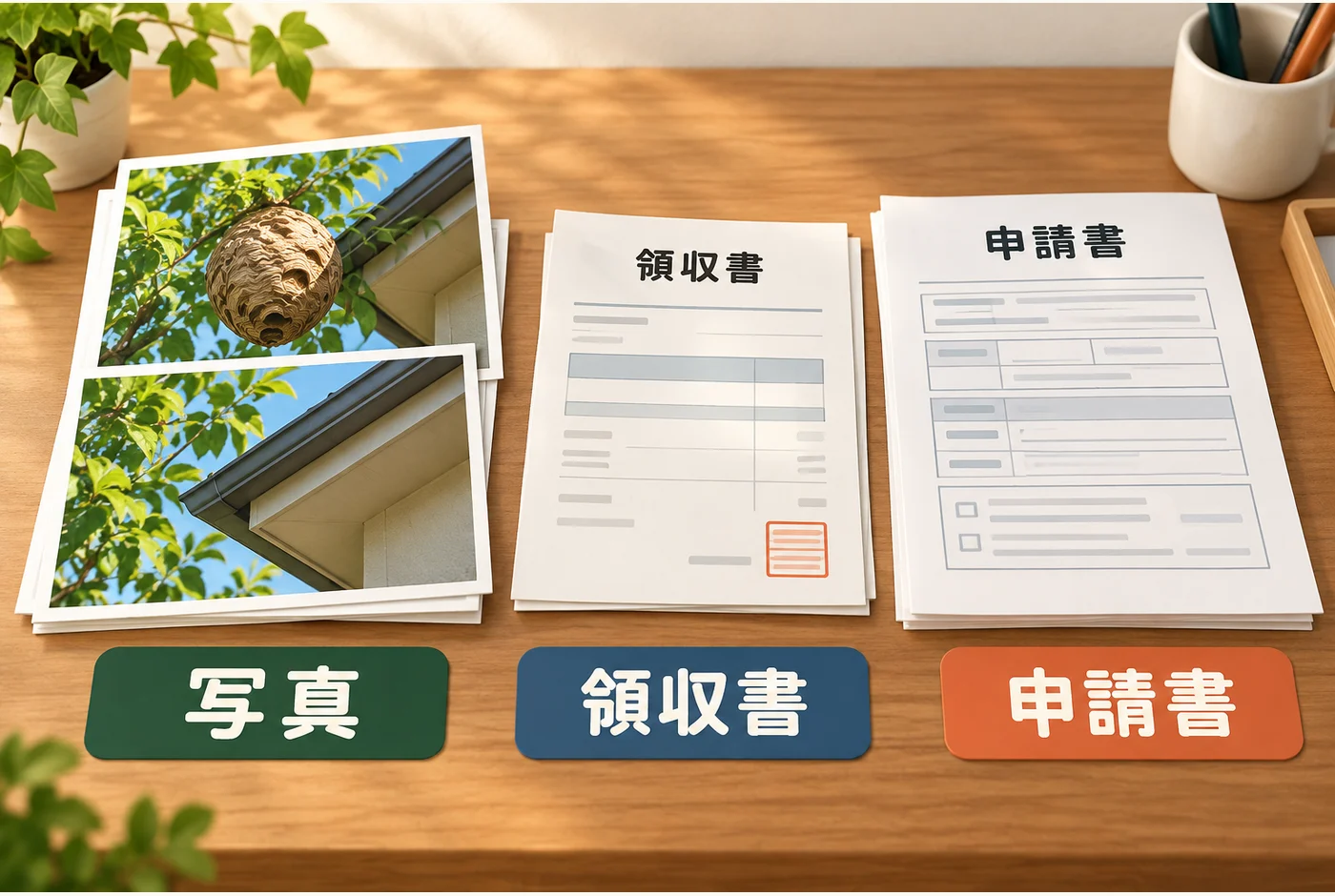 全景・作業前後の写真と、内訳のある領収書をそろえる図