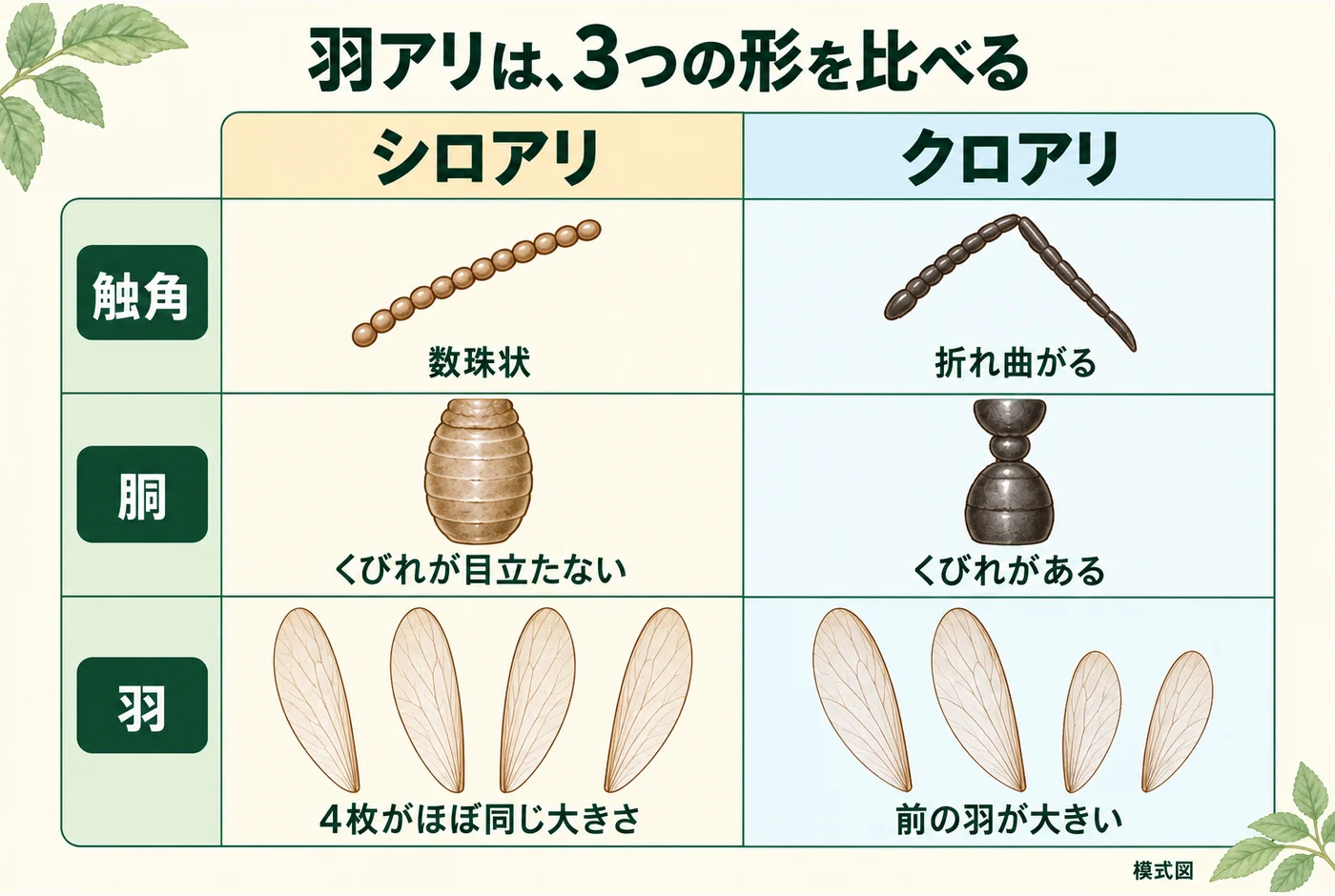 シロアリとクロアリの羽アリを触角、胴のくびれ、4枚の羽で比べる図