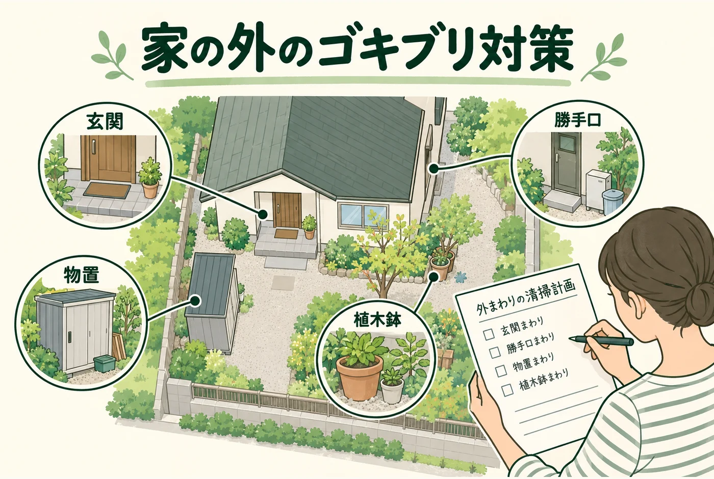 「家の外のゴキブリ対策」の判断ポイントを示す図解