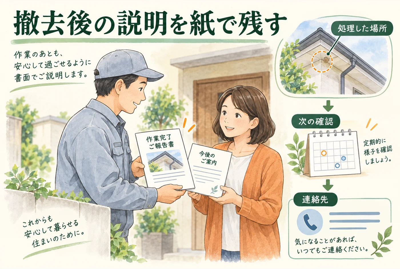 処理した位置と次の確認、連絡先を作業報告で受け取る図