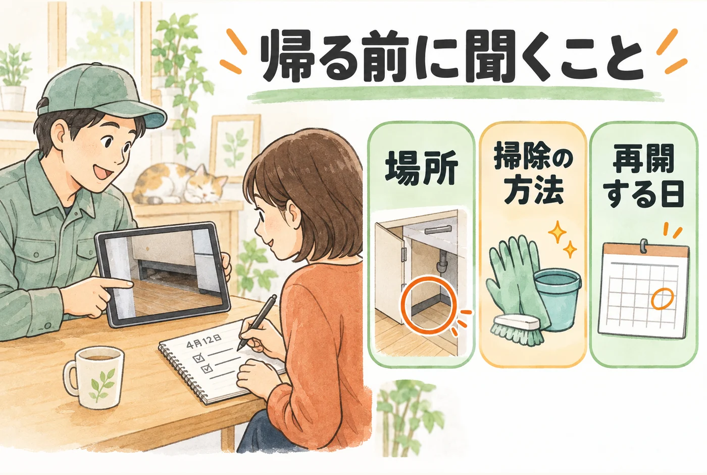 施工場所の写真を見ながら掃除方法と再開時期を記録する流れ