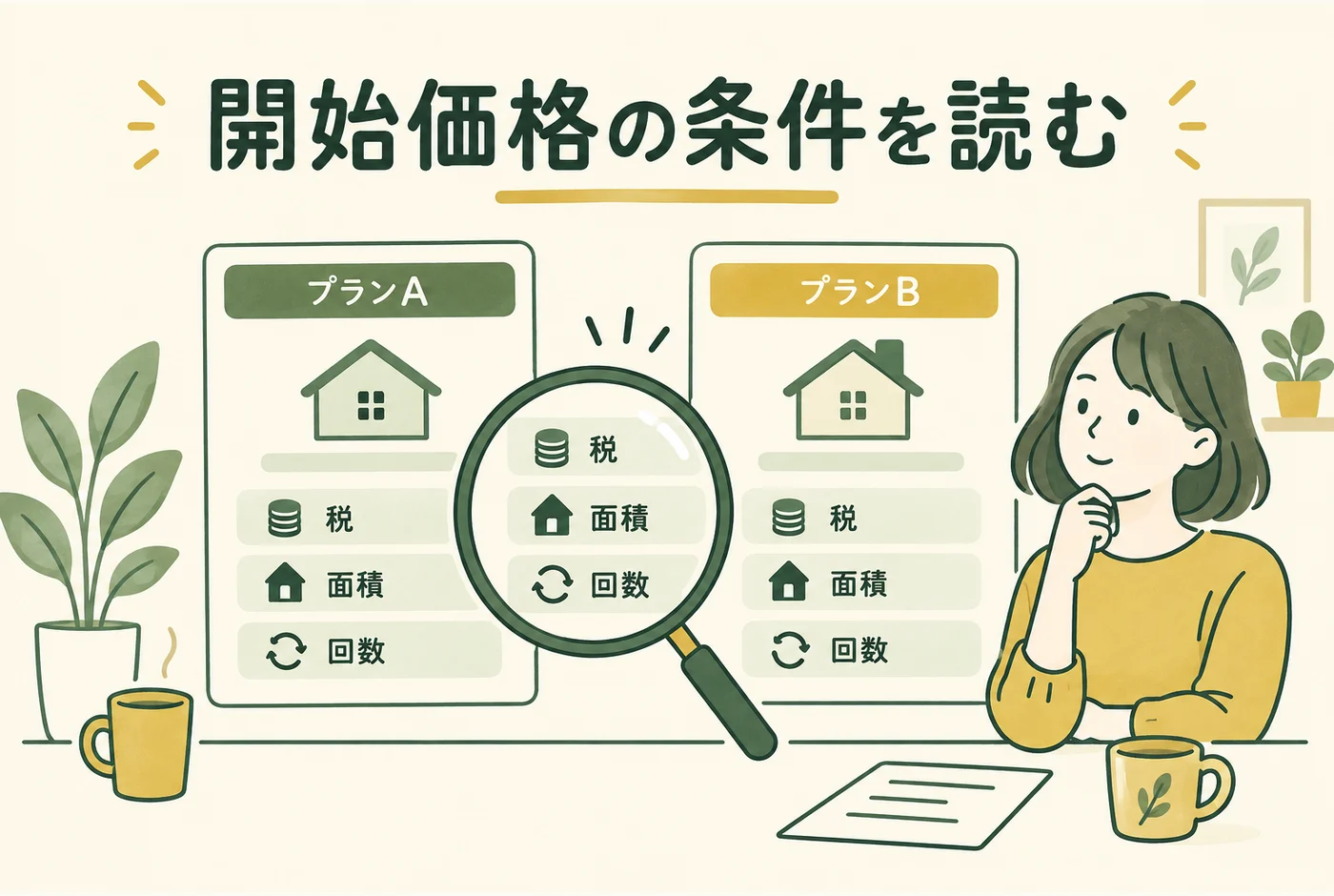 「開始価格の条件を読む」の判断ポイントを示す図解