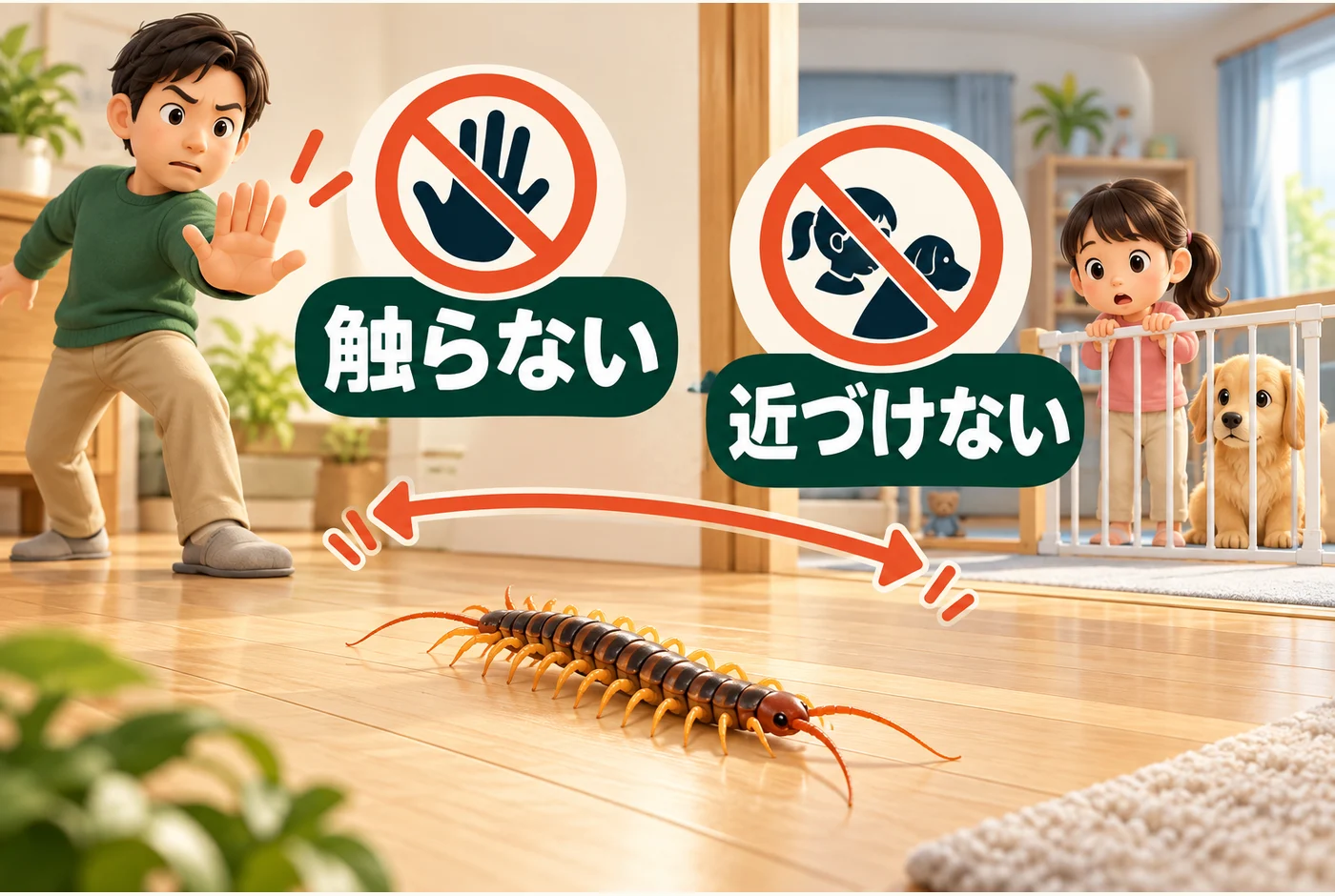 ムカデから子どもとペットを離し、距離を取って発見場所を記録する図