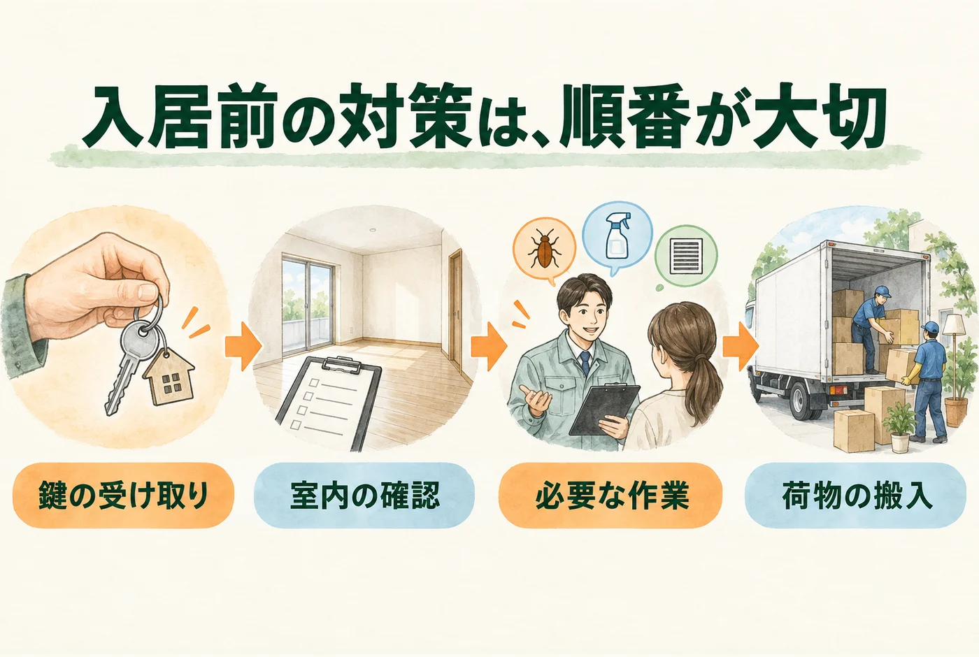 鍵の受け取り、室内確認、必要な作業、荷物搬入の順序