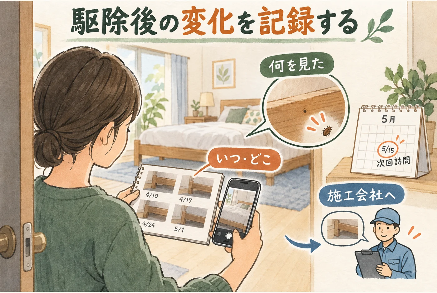 トコジラミ駆除後の記録を説明する図解